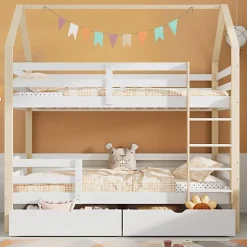 Lit superposé pour enfant 90x200cm - Lit cabane - avec 2 grands tiroirs - Bois massif - Blanc + Naturel (sans matelas)