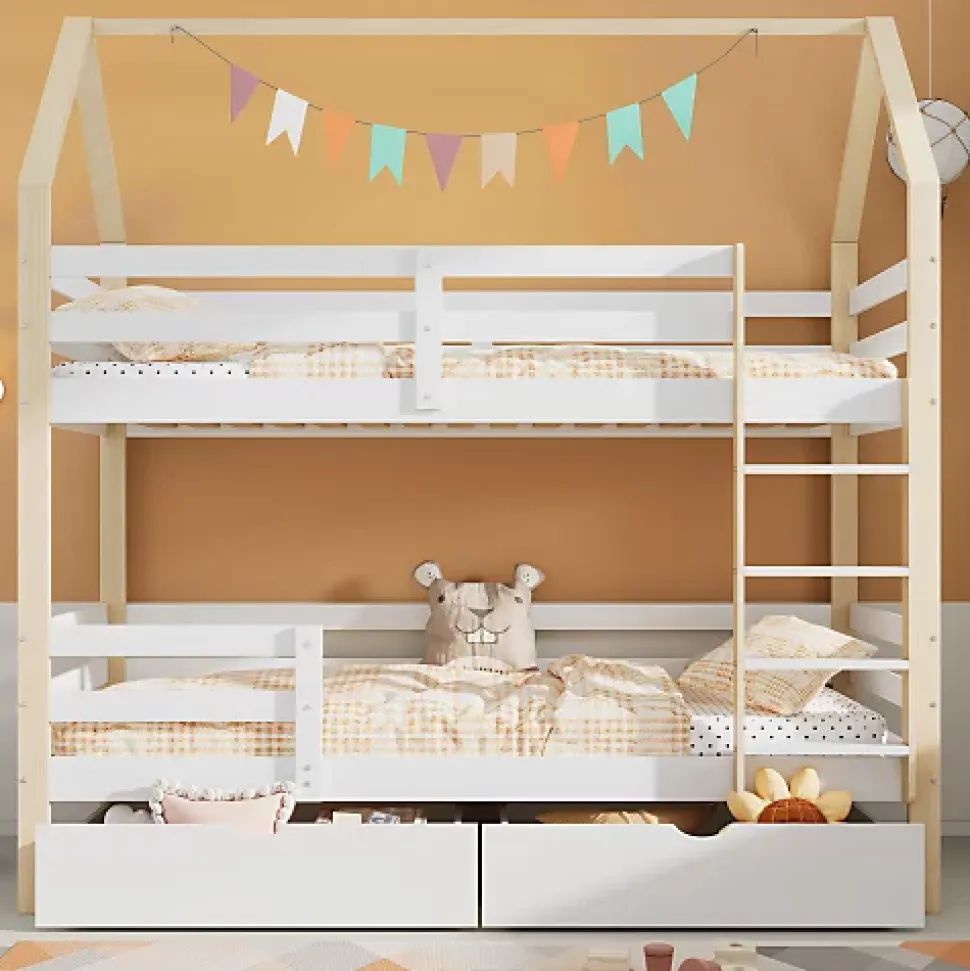 Lit superposé pour enfant 90x200cm - Lit cabane - avec 2 grands tiroirs - Bois massif - Blanc + Naturel (sans matelas)