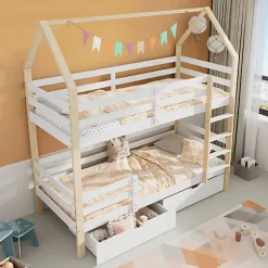 Lit superposé pour enfant 90x200cm - Lit cabane - avec 2 grands tiroirs - Bois massif - Blanc + Naturel (sans matelas)