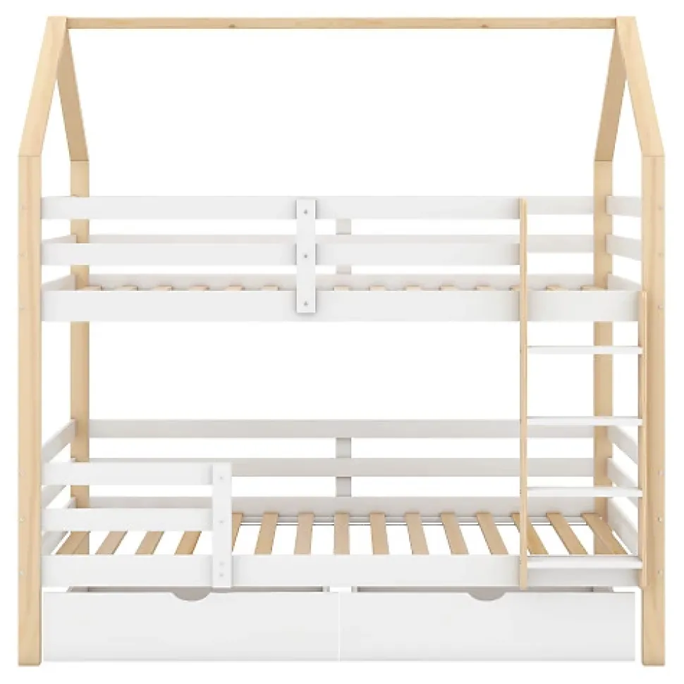 Lit superposé pour enfant 90x200cm - Lit cabane - avec 2 grands tiroirs - Bois massif - Blanc + Naturel (sans matelas)