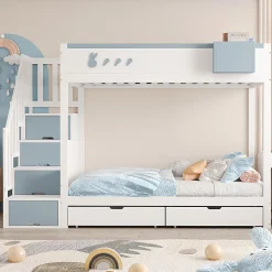 Lit superposé pour enfant 90x200,blanc et bleu, motifs lapins et carottes, rangement amovible, échelle sécurisée