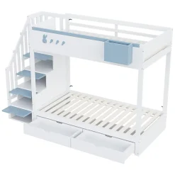 Lit superposé pour enfant 90x200,blanc et bleu, motifs lapins et carottes, rangement amovible, échelle sécurisée