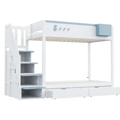 Lit superposé pour enfant 90x200,blanc et bleu, motifs lapins et carottes, rangement amovible, échelle sécurisée