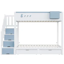 Lit superposé pour enfant 90x200,blanc et bleu, motifs lapins et carottes, rangement amovible, échelle sécurisée