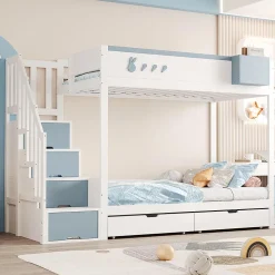 Lit superposé pour enfant 90x200,blanc et bleu, motifs lapins et carottes, rangement amovible, échelle sécurisée