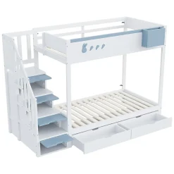 Lit superposé pour enfant 90x200,blanc et bleu, motifs lapins et carottes, rangement amovible, échelle sécurisée