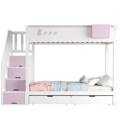 Lit superposé pour enfant 90x200cm,blanc+rose, motifs lapins et carottes, rangement amovible, échelle sécurisée, tiroirs