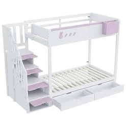 Lit superposé pour enfant 90x200cm,blanc+rose, motifs lapins et carottes, rangement amovible, échelle sécurisée, tiroirs