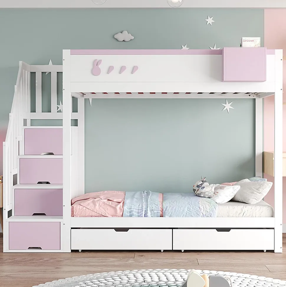 Lit superposé pour enfant 90x200cm,blanc+rose, motifs lapins et carottes, rangement amovible, échelle sécurisée, tiroirs