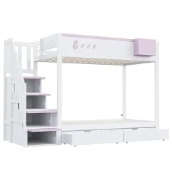 Lit superposé pour enfant 90x200cm,blanc+rose, motifs lapins et carottes, rangement amovible, échelle sécurisée, tiroirs