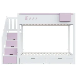 Lit superposé pour enfant 90x200cm,blanc+rose, motifs lapins et carottes, rangement amovible, échelle sécurisée, tiroirs