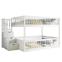 Lit superposé pour enfants et adolescents,140x200cm,bois blanc,échelle de sécurité et tiroirs
