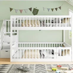 Lit superposé pour enfants et adolescents,140x200cm,bois blanc,échelle de sécurité et tiroirs