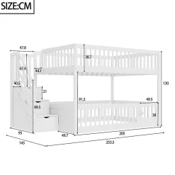 Lit superposé pour enfants et adolescents,140x200cm,bois blanc,échelle de sécurité et tiroirs