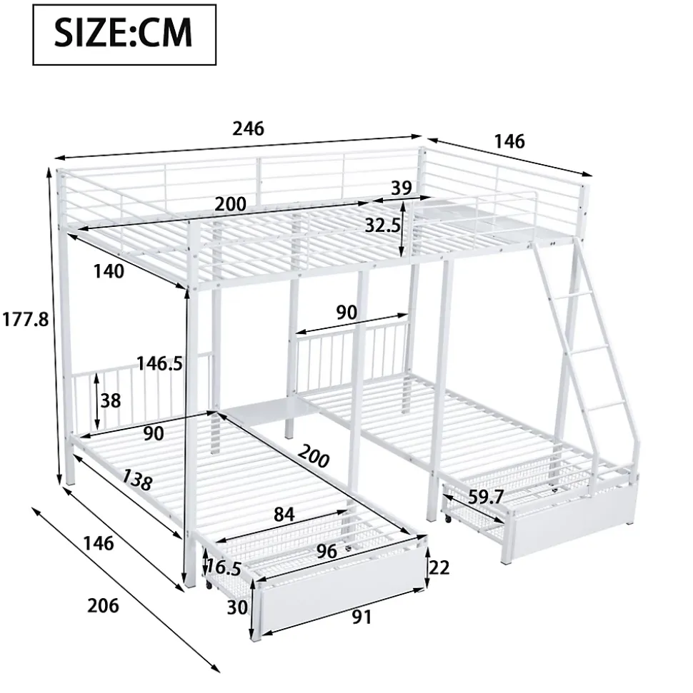 Lit superposé triple, cadre de lit métallique, 140x200cm et 2 lit 90x200cm, avec échelle et 2 tiroirs, sommier inclus, blanc