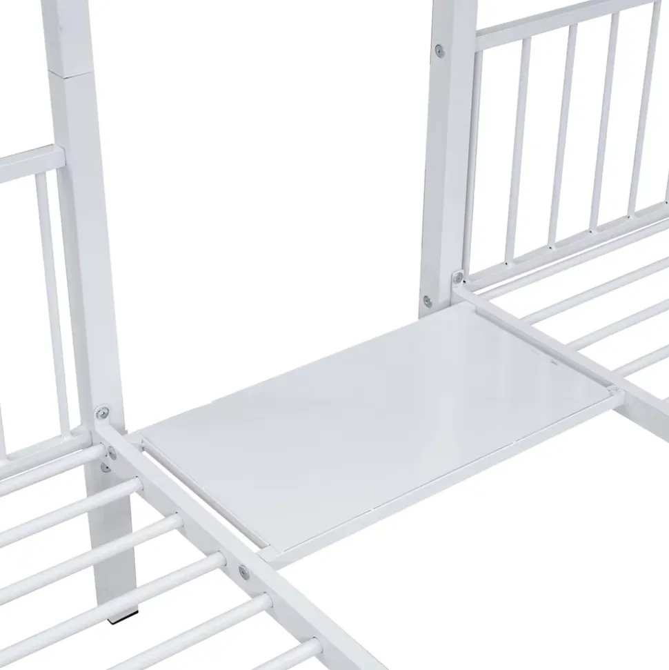 Lit superposé triple, cadre de lit métallique, 140x200cm et 2 lit 90x200cm, avec échelle et 2 tiroirs, sommier inclus, blanc