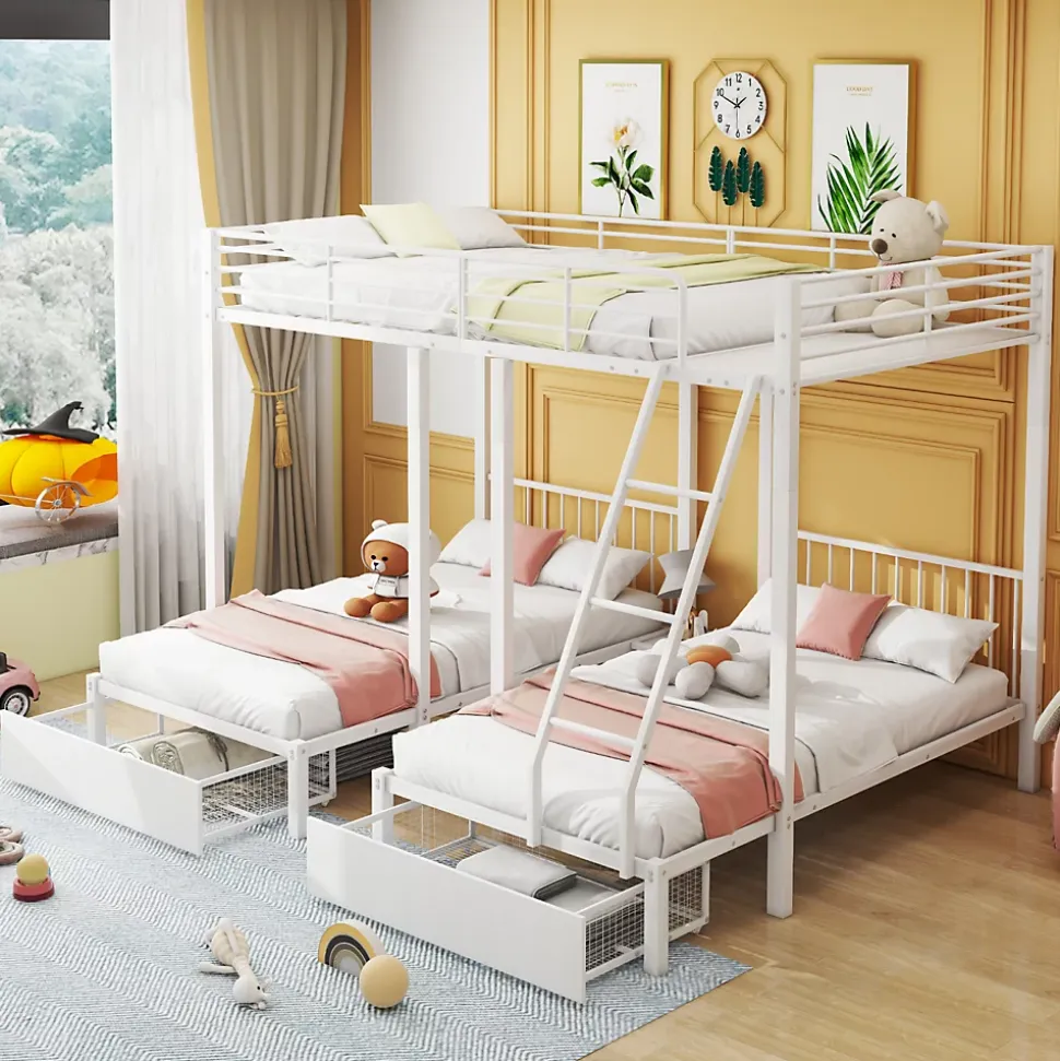 Lit superposé triple, cadre de lit métallique, 140x200cm et 2 lit 90x200cm, avec échelle et 2 tiroirs, sommier inclus, blanc