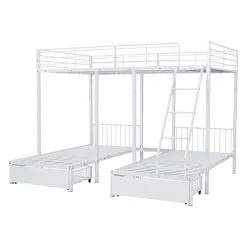 Lit superposé triple, cadre de lit métallique, 140x200cm et 2 lit 90x200cm, avec échelle et 2 tiroirs, sommier inclus, blanc