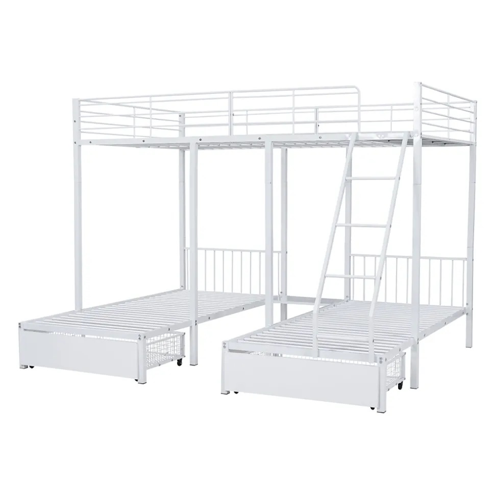 Lit superposé triple, cadre de lit métallique, 140x200cm et 2 lit 90x200cm, avec échelle et 2 tiroirs, sommier inclus, blanc