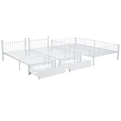 Lit superposé triple, cadre de lit métallique, 140x200cm et 2 lit 90x200cm, avec échelle et 2 tiroirs, sommier inclus, blanc