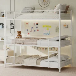 Lit Superposé Triple 90x190 cm - avec Échelle Intégrée et Garde-Corps, Structure en Métal, pour Enfant Ado, sans Matelas, Blanc