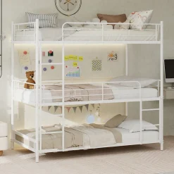 Lit Superposé Triple 90x190 cm - avec Échelle Intégrée et Garde-Corps, Structure en Métal, pour Enfant Ado, sans Matelas, Blanc