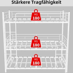 Lit Superposé Triple 90x190 cm - avec Échelle Intégrée et Garde-Corps, Structure en Métal, pour Enfant Ado, sans Matelas, Blanc