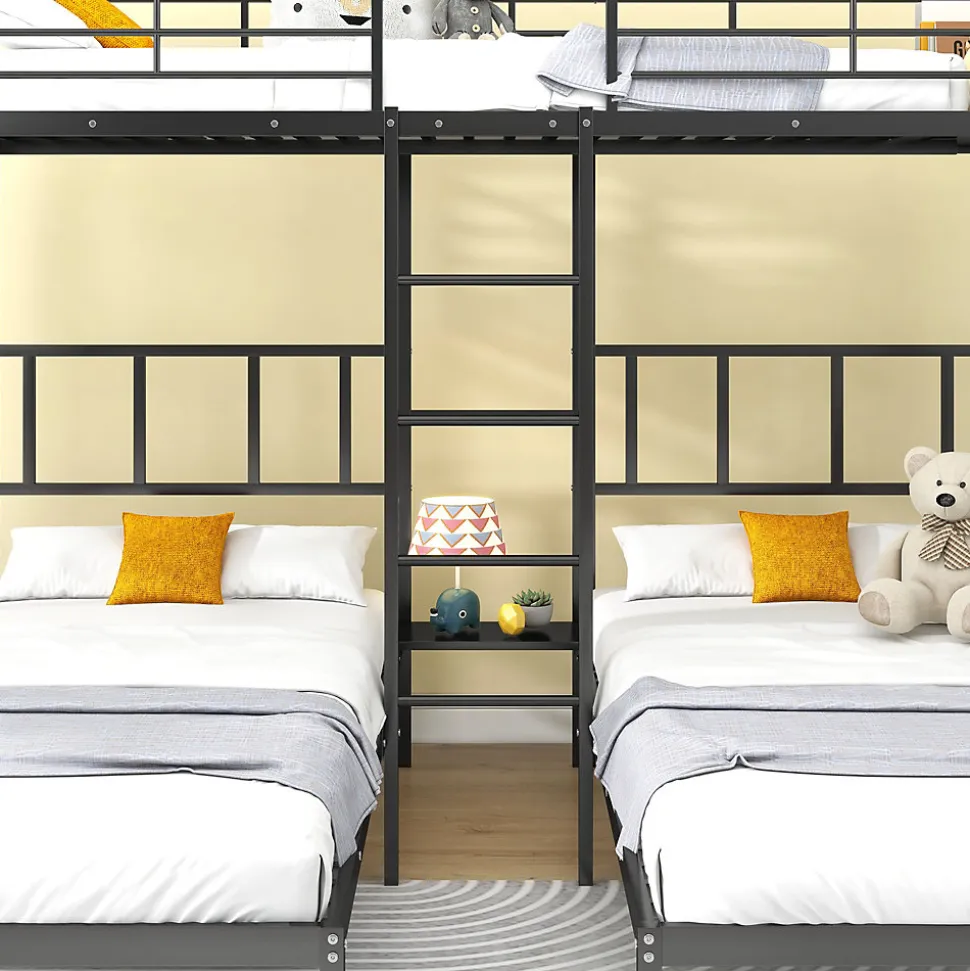 Lit superposé triple 90x200 cm en métal avec échelle intégrée et tablette tête de lit, chambre enfant