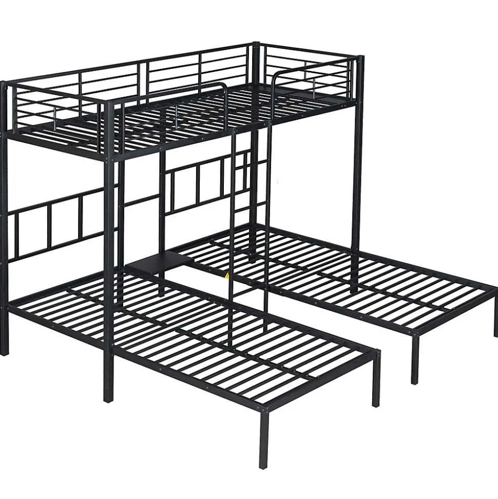 Lit superposé triple 90x200 cm en métal avec échelle intégrée et tablette tête de lit, chambre enfant