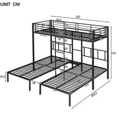 Lit superposé triple 90x200 cm en métal avec échelle intégrée et tablette tête de lit, chambre enfant