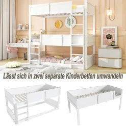 Lit superposé triple 90x200 cm avec rail haut - Transformable en 3 lits simples - Bois - Sans matelas - Blanc