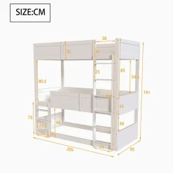 Lit superposé triple 90x200 cm avec rail haut - Transformable en 3 lits simples - Bois - Sans matelas - Blanc