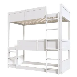 Lit superposé triple 90x200 cm avec rail haut - Transformable en 3 lits simples - Bois - Sans matelas - Blanc