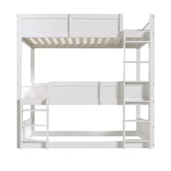 Lit superposé triple 90x200 cm avec rail haut - Transformable en 3 lits simples - Bois - Sans matelas - Blanc