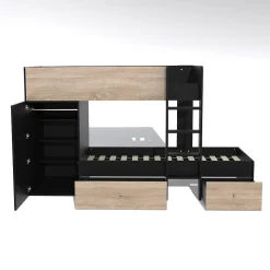 Lit superposé TWIN 90x190 avec armoire et tiroirs + 2 sommiers / Décor Chêne Blanchi et Noir
