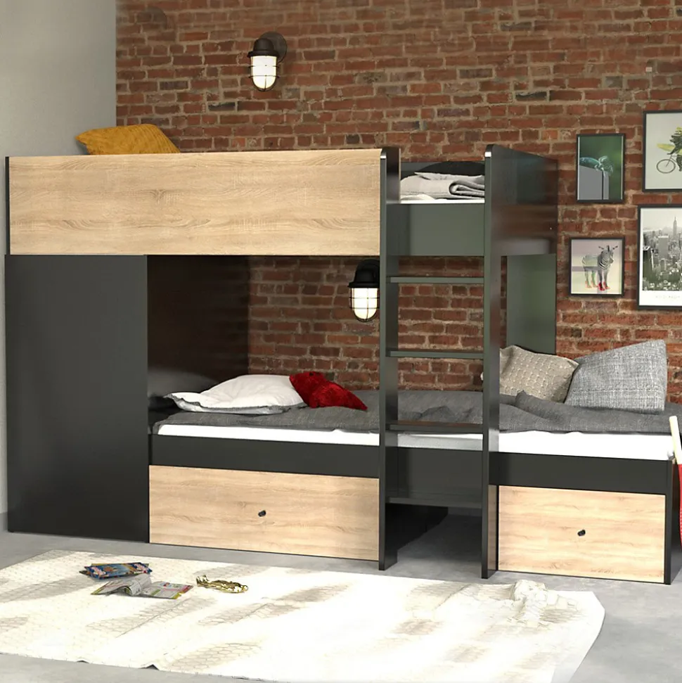 Lit superposé TWIN 90x190 avec armoire et tiroirs + 2 sommiers / Décor Chêne Blanchi et Noir