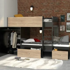Lit superposé TWIN 90x190 avec armoire et tiroirs + 2 sommiers / Décor Chêne Blanchi et Noir