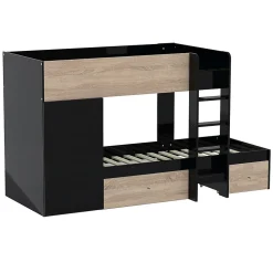 Lit superposé TWIN 90x190 avec armoire et tiroirs + 2 sommiers / Décor Chêne Blanchi et Noir