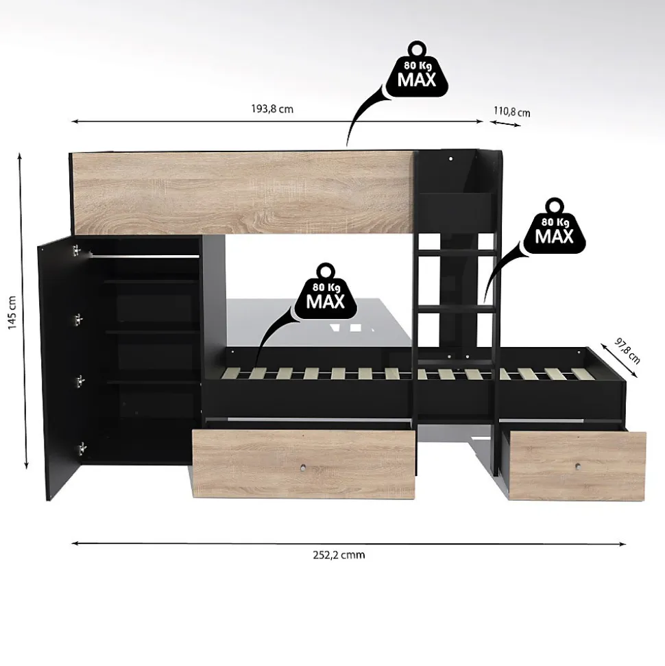 Lit superposé TWIN 90x190 avec armoire et tiroirs + 2 sommiers / Décor Chêne Blanchi et Noir