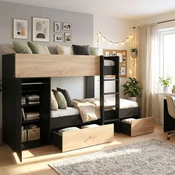 Lit superposé TWIN 90x190 avec armoire et tiroirs + 2 sommiers / Décor Chêne Blanchi et Noir