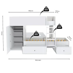 Lit superposé TWIN 90x190 avec armoire et tiroirs + 2 sommiers / Blanc