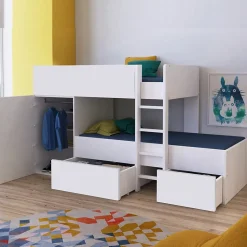 Lit superposé TWIN 90x190 avec armoire et tiroirs + 2 sommiers / Blanc