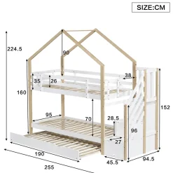 Lit Superposé 90x200 & 90x190 cm - Lit enfant avec Protection, Lit Cabane avec Échelle, Lit en Bois Naturel et Blanc, Sans Matelas