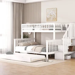 Lit superposé 90x200 / 140x200 cm avec lit gigogne et sommier à lattes inclus en pin blanc