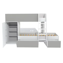 Lit superposé 90x190 avec armoire et tiroirs TWEEL Gris et Blanc incl. 2 sommiers