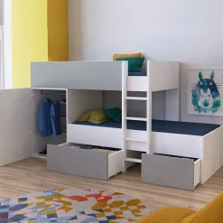 Lit superposé 90x190 avec armoire et tiroirs TWEEL Gris et Blanc incl. 2 sommiers