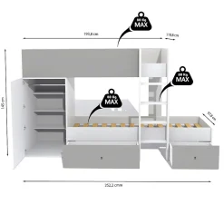 Lit superposé 90x190 avec armoire et tiroirs TWEEL Gris et Blanc incl. 2 sommiers
