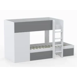 Lit superposé 90x190 avec armoire et tiroirs TWEEL Gris et Blanc incl. 2 sommiers