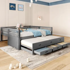 Lit Superposé 90x200 Cm - avec Lit Gigogne et 3 Tiroirs, Sans Matelas - Pin et MDF, Gris