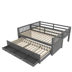 Lit Superposé 90x200 Cm - avec Lit Gigogne et 3 Tiroirs, Sans Matelas - Pin et MDF, Gris